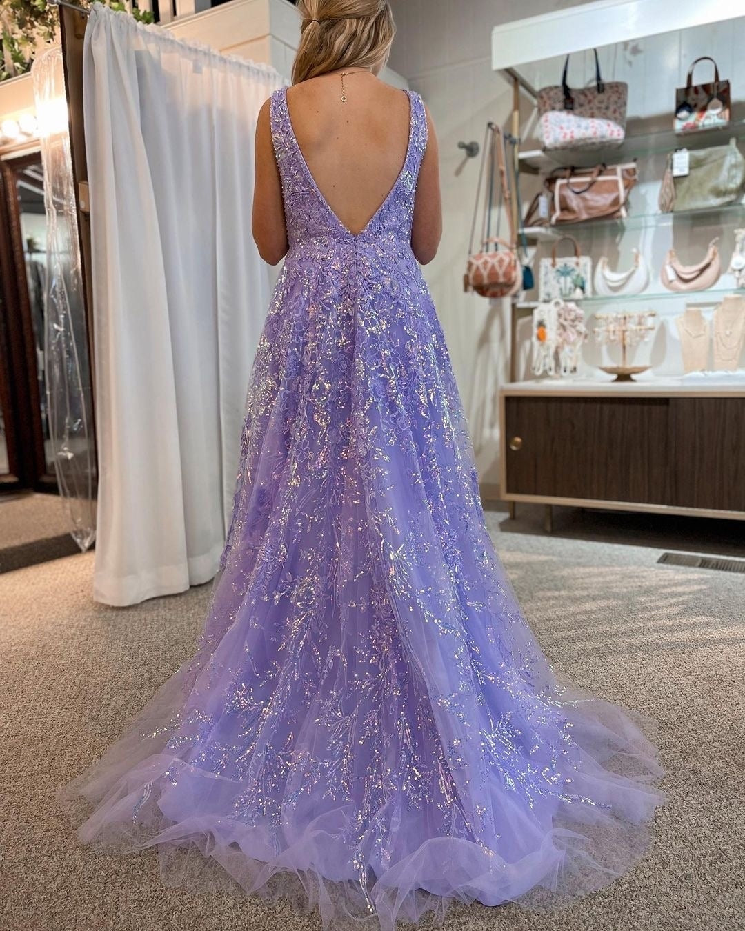 Chic A-line V neck Lace Beaded Long Prom Dress Lilac Elegant Evening D SELINADRESS Chic A-line V neck Lace Beaded Long Prom Dress Lilac Elegant Evening D SELINADRESS