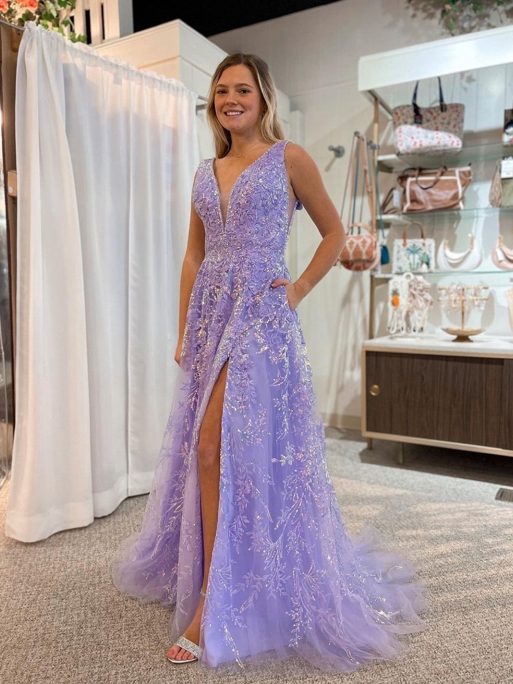 Chic A-line V neck Lace Beaded Long Prom Dress Lilac Elegant Evening Dress  #JKSS58