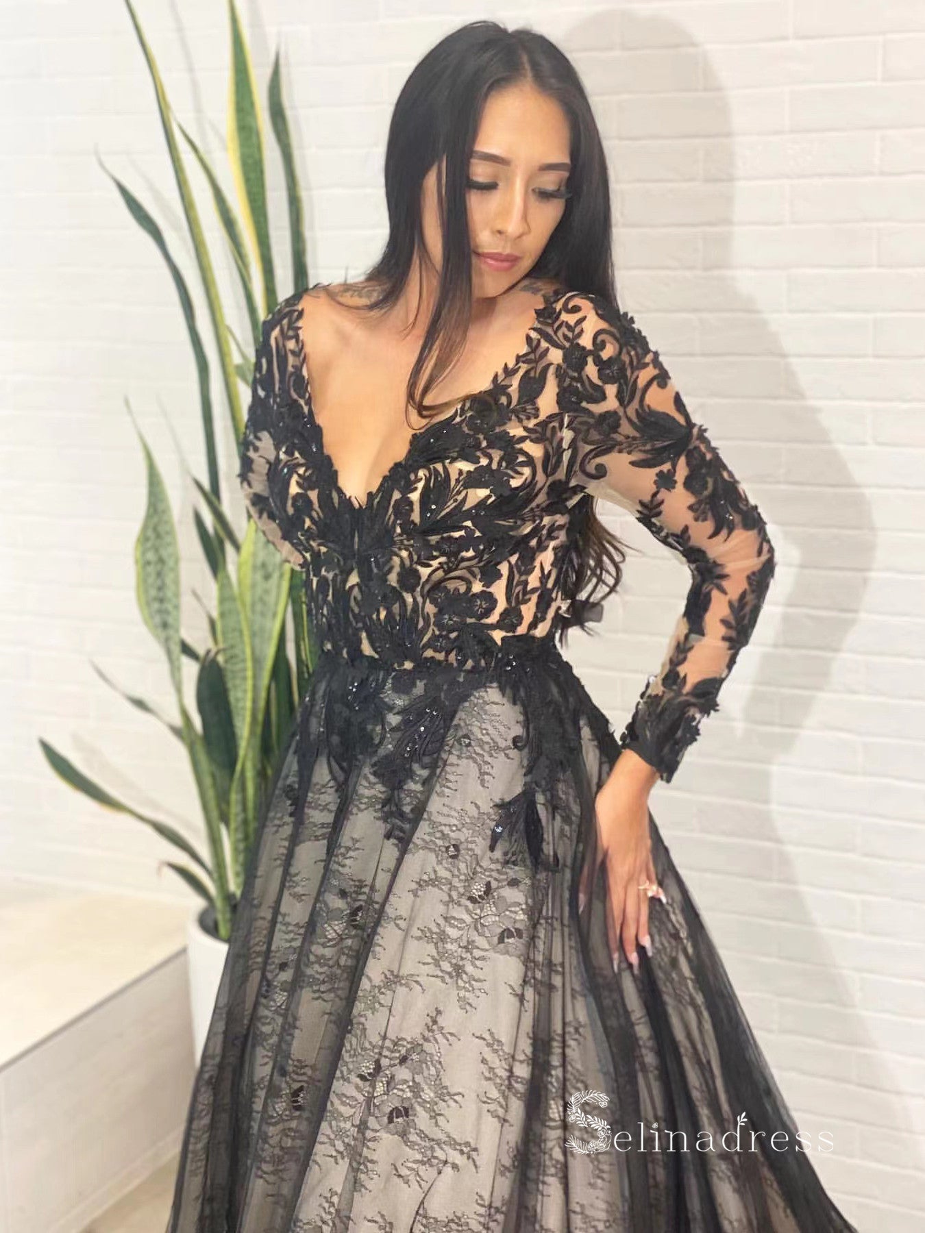 Chic A-line V neck Lace Long Sleeve Prom Dresses Black Plus Size Weddi SELINADRESS Chic A-line V neck Lace Long Sleeve Prom Dresses Black Plus Size Weddi SELINADRESS
