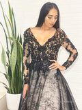 Chic A-line V neck Lace Long Sleeve Prom Dresses Black Applique Evening Dresses MLK04886|Selinadress
