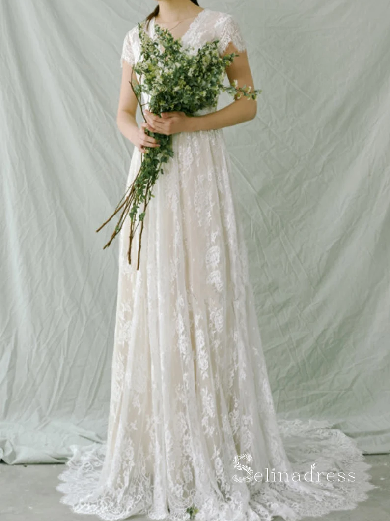 Chic A-line V neck Lace Wedding Dress Beautiful Boho Bridal Gowns MLH0 SELINADRESS Chic A-line V neck Lace Wedding Dress Beautiful Boho Bridal Gowns MLH0 SELINADRESS