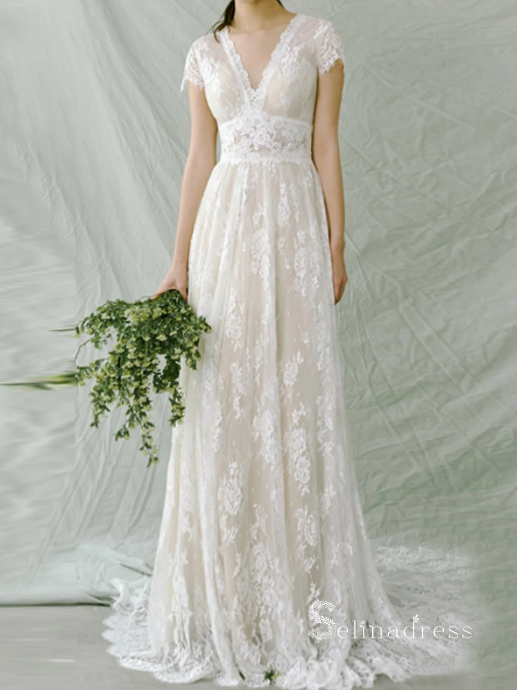 green boho wedding dress Long sleeve Lace Wedding Dress and Floral Corset top Claire Pettibone