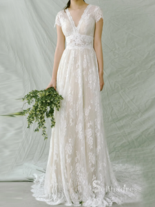 Chic A-line V neck Lace Wedding Dress Beautiful Boho Bridal Gowns MLH0478|Selinadress