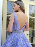 Chic A-line V neck Lavender Long Prom Dresses Applique Lace Evening Gowns CBD560|Selinadress