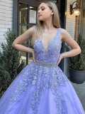 Chic A-line V neck Lavender Long Prom Dresses Applique Lace Evening Gowns CBD560|Selinadress