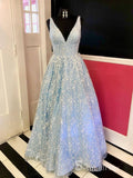Chic A-line V neck Light Sky Blue Long Prom Dresses Lace Evening Dress CBD305|Selinadress