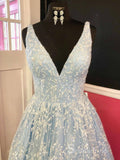 Chic A-line V neck Light Sky Blue Long Prom Dresses Lace Evening Dress CBD305|Selinadress