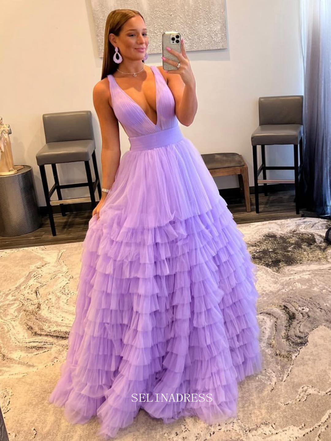 Chic A-line V neck Lilac Prom Dresses Tulle Long Evening Dress Ruffles SELINADRESS Chic A-line V neck Lilac Prom Dresses Tulle Long Evening Dress Ruffles SELINADRESS