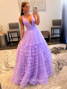 Chic A-line V neck Lilac Prom Dresses Tulle Long Evening Dress Ruffles Formal Dresses TKL079|Selinadress