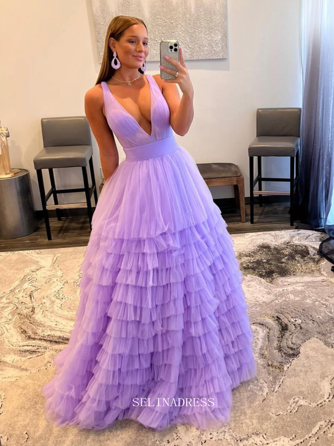 Chic A-line V neck Lilac Prom Dresses Tulle Long Evening Dress