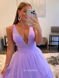 Chic A-line V neck Lilac Prom Dresses Tulle Long Evening Dress Ruffles Formal Dresses TKL079|Selinadress