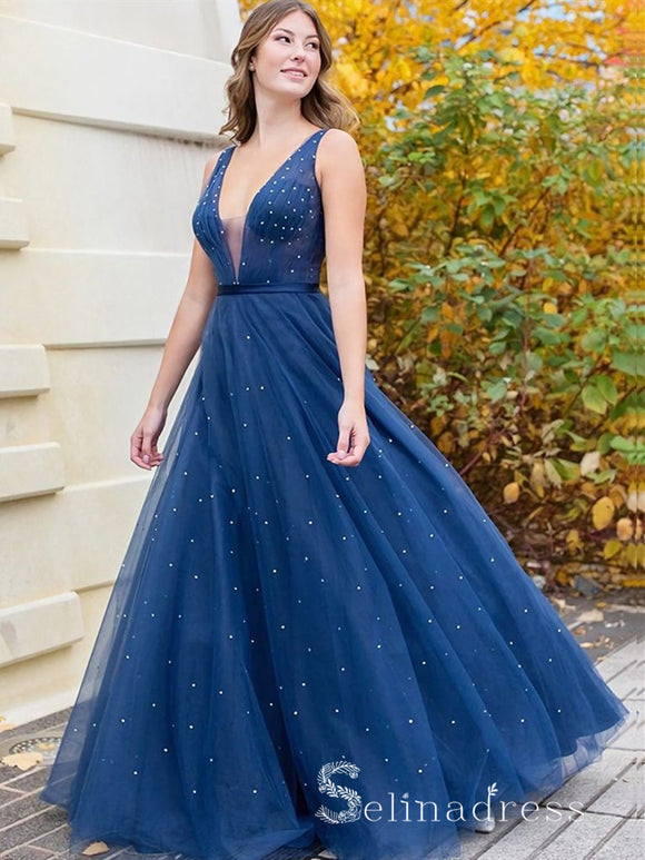 Chic A-line V neck Long Prom Dresses Navy Tulle Evening Dress CBD224|Selinadress
