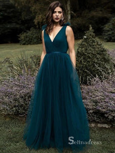 Chic A-line V neck Long Prom Dresses Tulle Cheap Evening Gowns CBD555|Selinadress