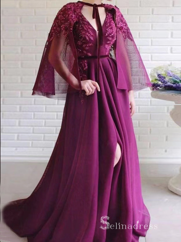 Chic A-line V neck Long Prom Dresses With Shawl Grape Elegant Evening Gowns MHL142