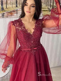 Chic A-line V neck Long Sleeve Burgundy Long Prom Dresses Cheap Evening Dresses MLH1223|Selinadress