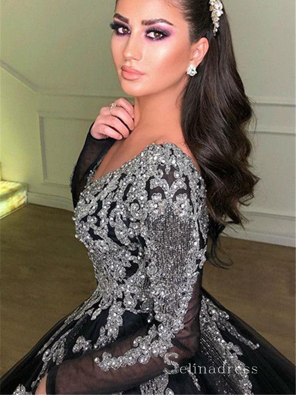 Chic A-line V neck Long Sleeve Prom Dresses Elegant Black Evening Gown SELINADRESS Chic A-line V neck Long Sleeve Prom Dresses Elegant Black Evening Gown SELINADRESS