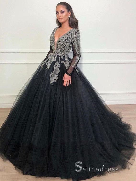 Off the Shoulder Long Sleeves Beads Black Prom Formal Evening Gowns QP –  SQOSA