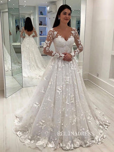 Chic A-line V neck Long Sleeve Wedding Dress Rustic Lace Bridal Gowns JKW209|Selinadress