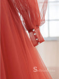 Chic A-line V neck Orange Long Sleeve Prom Dresses Tulle Evening Dress CBD301|Selinadress