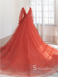 Chic A-line V neck Orange Long Sleeve Prom Dresses Tulle Evening Dress CBD301|Selinadress