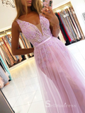 Chic A-line V neck Pink Lace Long Prom Dresses Sparkly Beaded Long Evening Gowns MLH024|Selinadress