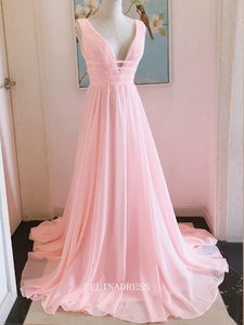 Chic A-line V neck Pink Long Prom Dresses Chiffon Cheap Bridesmaid Dress Evening Dress OSTY045|Selinadress