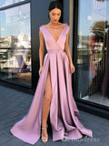 Chic A-line V neck Pink Long Prom Dresses Satin Evening Dress CBD216
