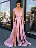 Chic A-line V neck Pink Long Prom Dresses Satin Evening Dress CBD216