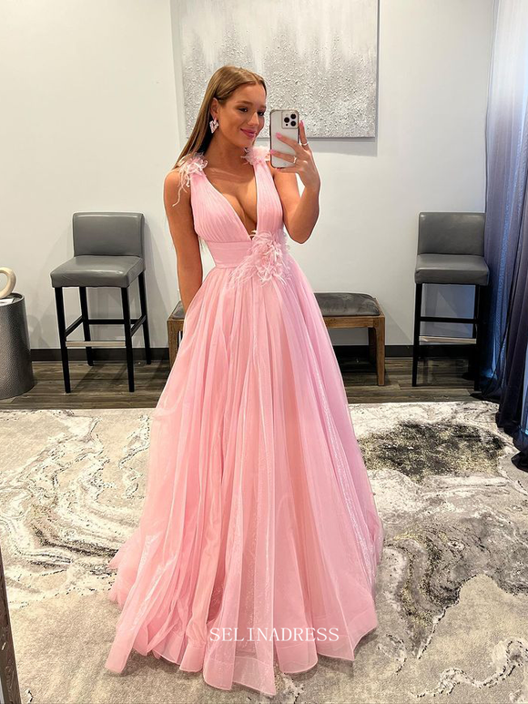 Chic A-line V neck Pink Long Prom Dresses Tulle Simple Evening Dresses Pageant Dress TKL065|Selinadress