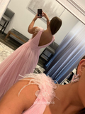 Chic A-line V neck Pink Long Prom Dresses Tulle Simple Evening Dresses Pageant Dress TKL065|Selinadress