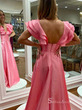 Chic A-line V neck Pink Long Prom Dresses Unique Cheap Evening Gowns MLK036|Selinadress