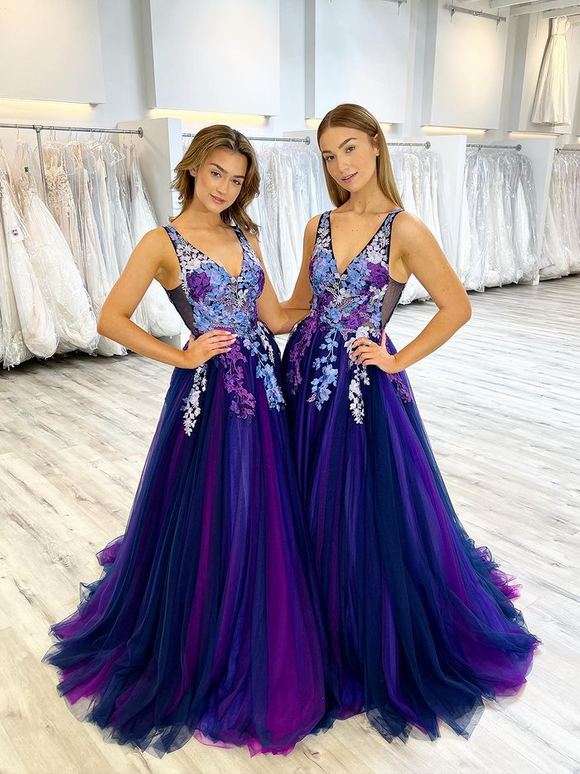 A-line Satin V Neck Royal Blue Prom Dresses Evening Dresses Y1163
