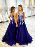 Chic A-line V neck Royal Blue Prom Dresses Long Embroidery Evening Gowns MSK013|Selinadress
