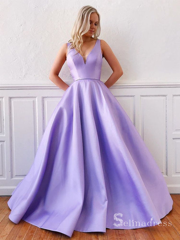 Chic A-line V neck Satin Long Prom Dresses Lavender Evening Dress CBD086