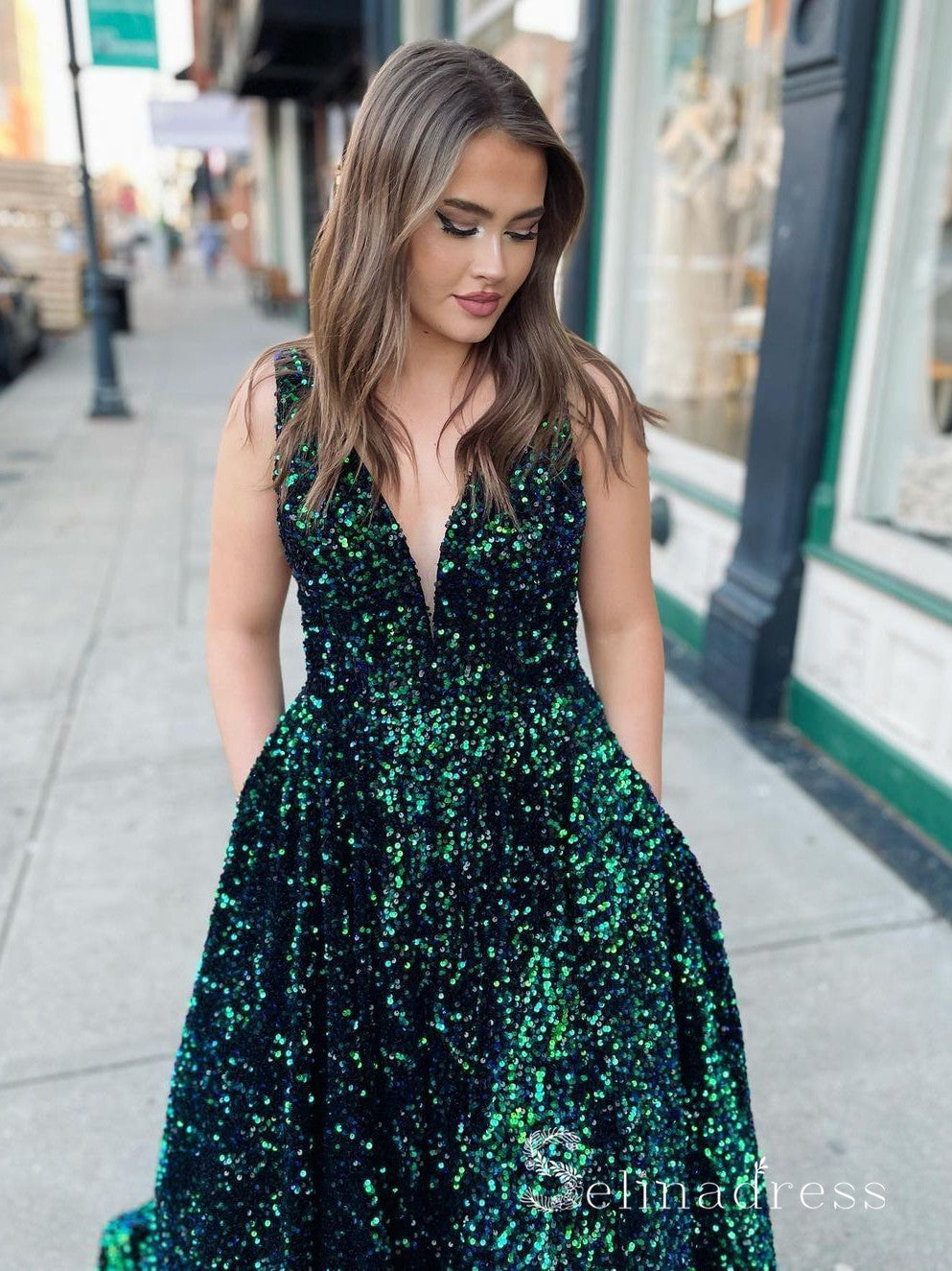 Chic A-line V neck Sequins Green Long Prom Dresses Sparkly Evening Dre SELINADRESS Chic A-line V neck Sequins Green Long Prom Dresses Sparkly Evening Dre SELINADRESS
