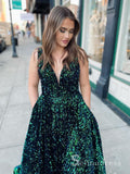 Chic A-line V neck Sequins Green Long Prom Dresses Sparkly Evening Dress CBD293|Selinadress
