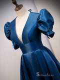 Chic A-line V neck Short Sleeve Blue Long Prom Dresses Satin Evening Gowns CBD219|Selinadress