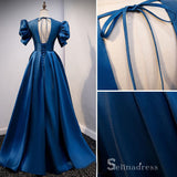 Chic A-line V neck Short Sleeve Blue Long Prom Dresses Satin Evening Gowns CBD219|Selinadress