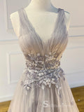 Chic A-line V neck Silver Long Prom Dresses Beaded Evening Dress CBD384