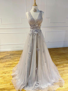 Chic A-line V neck Silver Long Prom Dresses Beaded Evening Dress CBD384