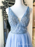 Chic A-line V neck Sky Blue Long Prom Dresses Beaded Evening Dress CBD531|Selinadress