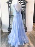 Chic A-line V neck Sky Blue Long Prom Dresses Beaded Evening Dress CBD531|Selinadress