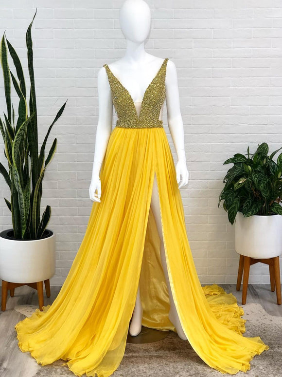Chic A-line V neck Sleeveless Yellow Long Prom Dresses Beaded Evening Dress CBD040