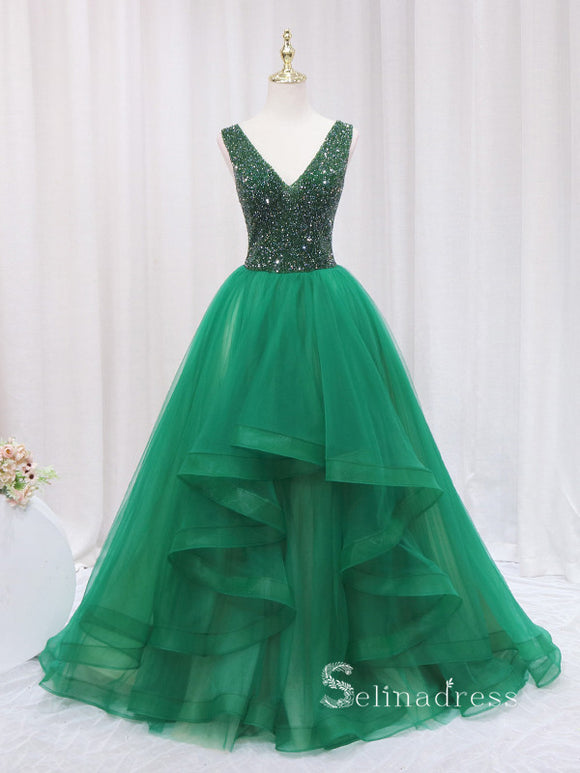 Chic A-line V neck Sparkly Green Long Prom Dresses Beaded Evening Gowns JKR007|Selinadress