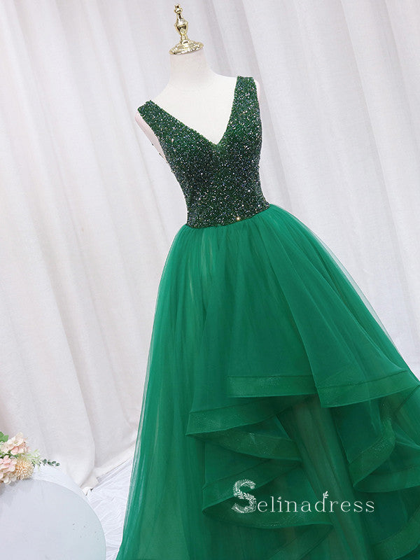 Chic A-line V neck Sparkly Green Long Prom Dresses Beaded Evening Gown SELINADRESS Chic A-line V neck Sparkly Green Long Prom Dresses Beaded Evening Gown SELINADRESS