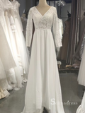 Chic A-line V neck White Lace Wedding Dress Long Sleeve Rustic Bridal Gowns MLH0492|Selinadress