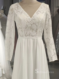 Chic A-line V neck White Lace Wedding Dress Long Sleeve Rustic Bridal Gowns MLH0492|Selinadress