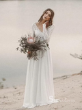 Chic A-line V neck White Lace Wedding Dress Long Sleeve Rustic Bridal Gowns MLH0492