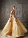 Chic Ball Gown High Neck Gold Long Prom Dresses Embroidery Evening Gowns MHL172|Selinadress