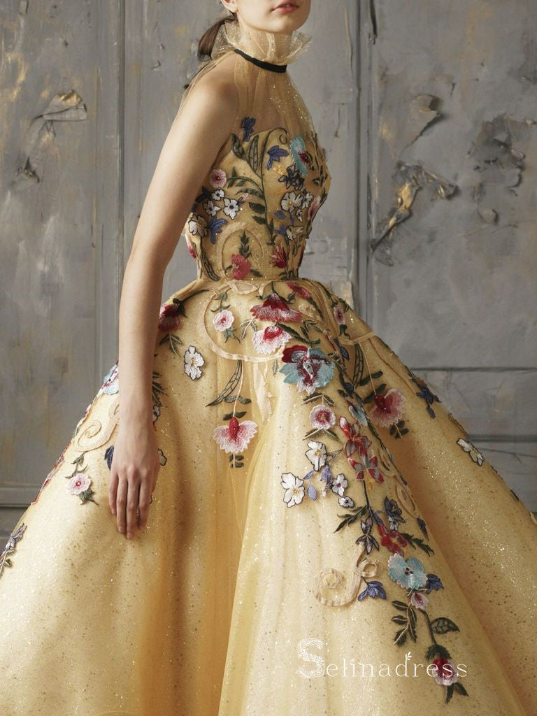 Chic Ball Gown High Neck Gold Long Prom Dresses Embroidery Evening Gow SELINADRESS Chic Ball Gown High Neck Gold Long Prom Dresses Embroidery Evening Gow SELINADRESS